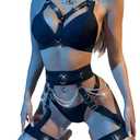 Garter Lingerie Set With Garter Belt 2 Pieces Strappy Bra and Panty Set Adjustable Black XL