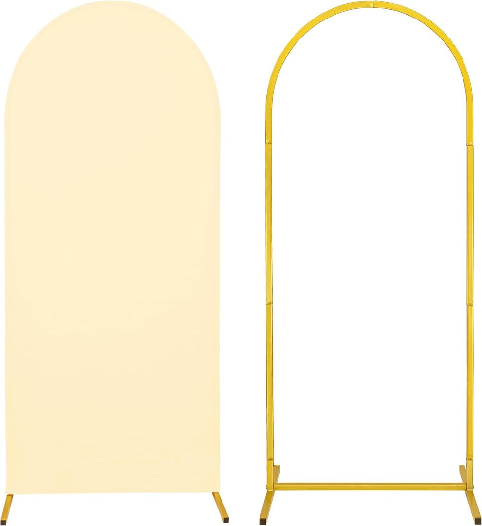 Metal Arch Stand and Cover Set,1 Beige Spandex Fitted Backdrop with 1 Gold Wedding Arched Stand Frame for Parties Birthday Baby Shower Bridal Banquet Decoration (4FT)