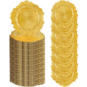 100PCS Bright Gold Charger Plates Bulk- 13in Round Plastic Chargers for Dinner Plates- Floral Reef Table Plate Chargers for Wedding, Halloween, Thanksgiving, Christmas, Party, Display