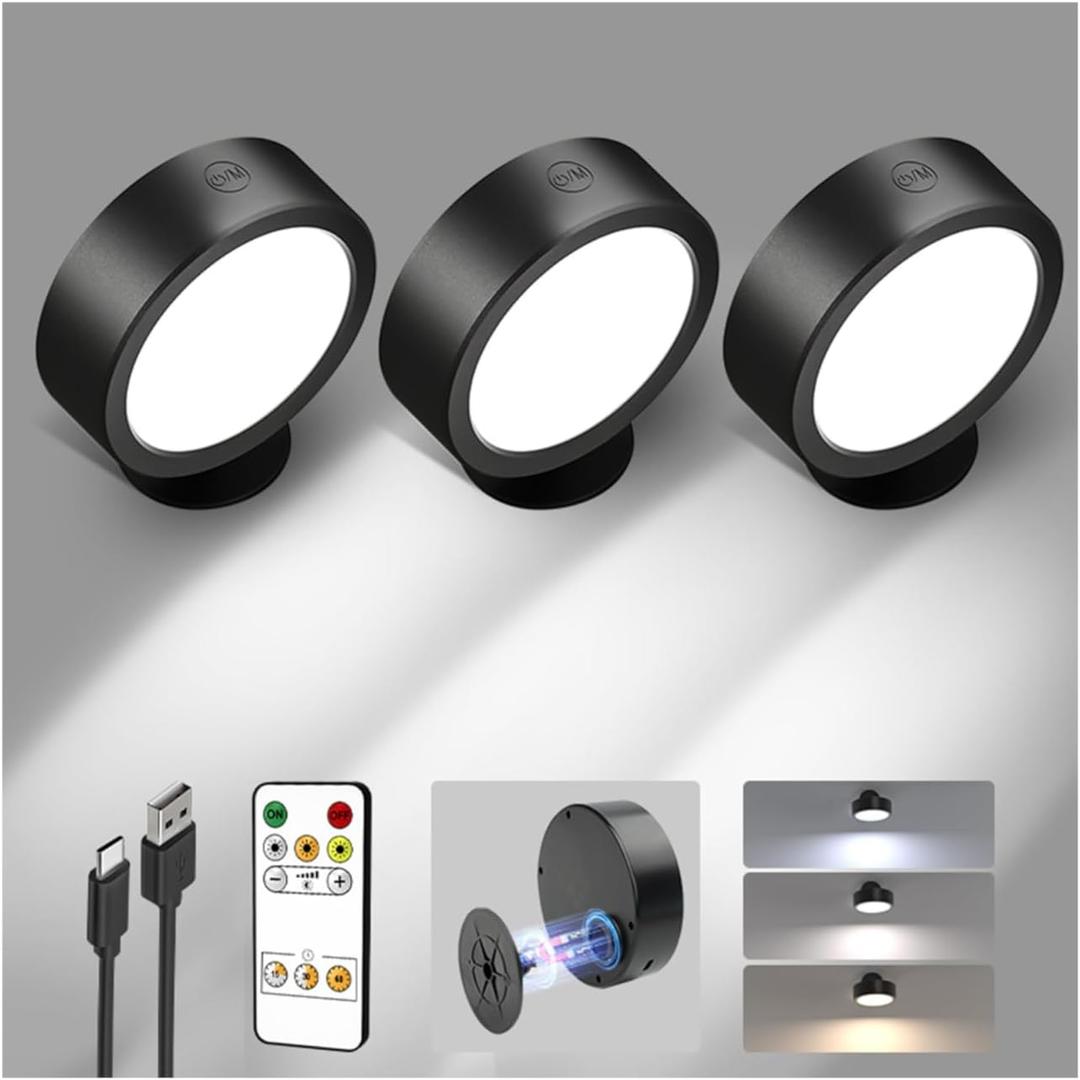 EZVALO LED Wall Mounted Lights, 5500mAh Rechargeable Wall Sconces Lamp, 3 Color Temps & Remote and Touch Control, 360Rotation Dimmable Cordless Wall Light for Bedroom Reading Study Bedside (3 Pack) (Black)