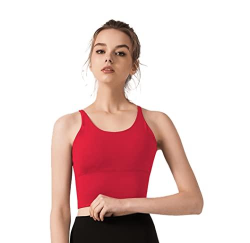 Redqenting Longline Sports Bra for Women with Removable Padded,Sexy Criss Cross Back Strappy Yoga Bras Workout Tank Tops Bright Red L