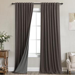 KOUFALL Brown Curtains 96 Inches Long 2 Panels Set Black Out Linen Blackout Back Tab Drapes for Living Room Bedroom