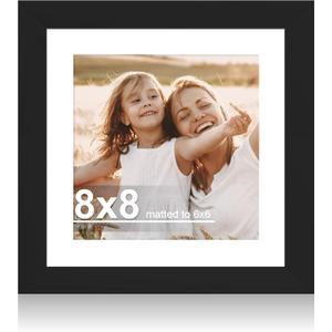 Hongkee 8x8 Picture Frame with Glass, Display Pictures 6x6 with Mat or 8 x 8 without Mat - Wall and Tabletop, 8 by 8 Photo Wooden Frames (Black, 1 Pack)