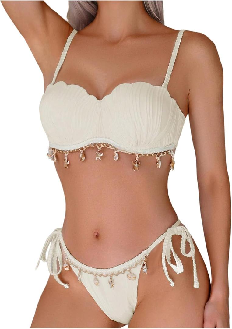MakeMeChic Women's Bikini Set Textured Scallop Trim Shell Tie Back Bathing Suits (Beige) MakeMeChic Women's Bikini Set Textured Scallop Trim Shell Tie Back Bathing Suits (Beige)