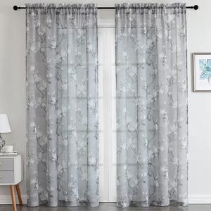 SMILE WEAVER Grey Sheer Curtains 95 inch Length for Living Room,Light Filtering Curtain for Bedroom,Linen Textured Floral Semi Sheer Curtain Rod Pocket Window Drapes for Kitchen,2 Panels