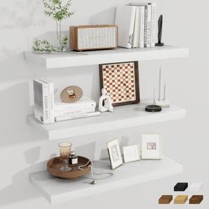 Fun Memories Deep Floating Shelves, 32W x 12D White Wall Shelves, 32 Long Rustic Wood Wide Storage Shelves for Bedroom, Kitchen, Farmhouse, Laundry Room, Bedroom, Kitchen, Home Office- Set of 3