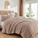 Soft Fluffy Rabbit Fur Comforter Set Shaggy Faux Fur Striped Bedding Set with Pillowcase Winter Warm Plush Fuzzy Bed Set 3 Piece(Khaki, Queen)