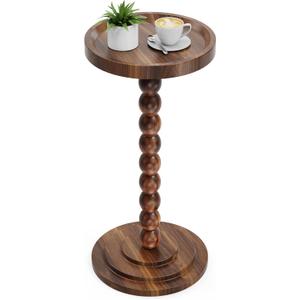 Round Wooden Side Table & Drink Table | Sturdy & Functional Mid-Century Design with Solid Wood Pillar for Living Room, Bedroom, Office & More (Walnut)