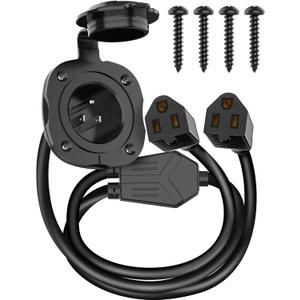 15 Amp AC Port Plug, 125V Power Inlet Socket with Waterproof Cover & Integrated Dual 18" Extension Cord, 2 Pole 3-Wire NEMA 5-15 Flanged Generator Inlet Plug for RV Boat Electrical Connections