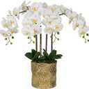W&W Artificial Orchid Plants & Flowers Arrangement in Ceramic Pot, Fake Faux White Orchid with Gold Vase,Extral Large 26 inches