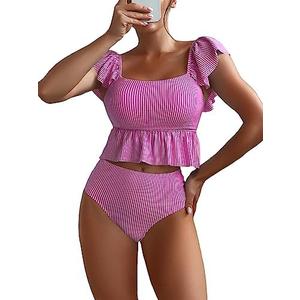 MakeMeChic Women's 2 Piece Bathing Suits Striped Ruffle Trim High Waisted Bikini Swimsui, Size L