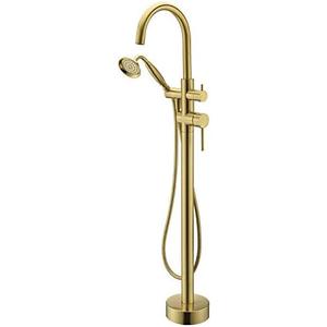 Wowkk Tub Filler Freestanding Bathtub Faucet Brushed Gold Floor Mounted Brass Bathroom Tub Faucets with Hand Shower