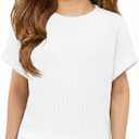 ZDC Girls Short Sleeve T Shirts Kids Summer Textured Tops Crewneck Casual Tee 5-14 Years (White)