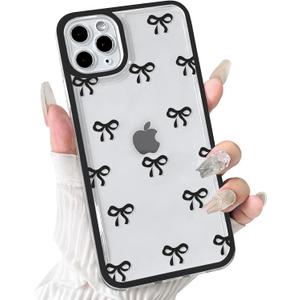 NITITOP Compatible with iPhone 11 Pro Max Case Cute Clear Durable Ribbon Bowknot Pattern for Girls Women Soft TPU Transparent Full Camera Lens Shockproof Protective Phone Cover - Black