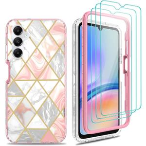 for Galaxy A05s Case, for Galaxy A05s Case with [3X Tempered Glass Screen Protector], Hard PC Bumper + SOFE TPU Shockproof Armor Impact Resistance Hybrid Marble Colorful Cover - Rose Gold