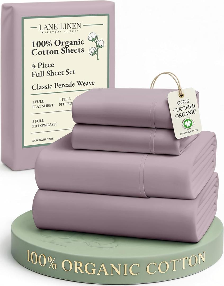 LANE LINEN Eco Friendly 100% Organic Cotton Bed Sheets Full Size, Fully Elasticized Reinforced Seams, Machine Washable Naturally Cooling Full Sheet Deep Pocket Bedding- Lilac
