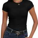 Roselux Women's Crew Neck Short Sleeve Fitted Shirts Basic Stretchy T-Shirt Summer Workout Casual Tops (Medium, Black)