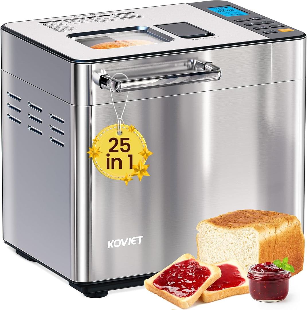 25-in-1 Bread Maker Machine with Automatic Dual Dispenser, 2LB Stainless Steel Breadmaker with Gluten-Free, Dough, Jam, Yogurt etc Settings, Silver