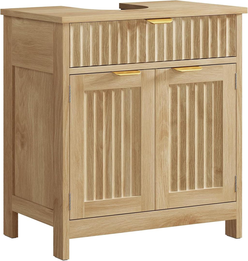 TEENFON Pedestal Sink Storage Cabinet with 2 Doors and Drawer, Bathroom Sink Cabinet with U-Shape Cut-Out, Fluted Pedestal Sink Cabinet, Natural Oak, 23.6"W*11.8"D*25.6"H