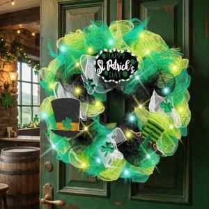 18'' St. Patrick's Day Wreath for Front Door with Lights St Patricks Day Mesh Wreath Artificial Clovers Leprechaun Hat Decorations for Irish Wall Porch Home Outdoor Indoor