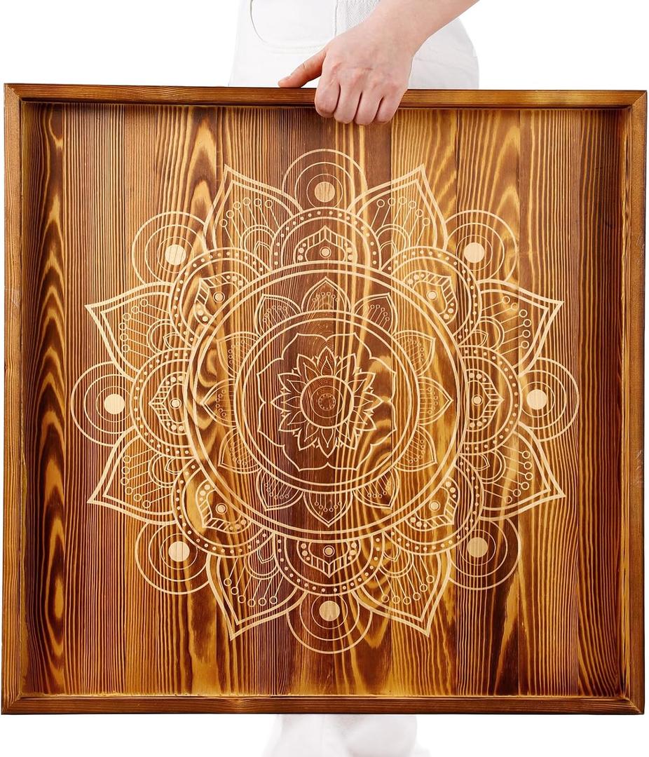 24 x 24 Ottoman Tray Wooden Serving Tray with Handle Mandala Designs Large Rustic Square Ottoman Tray Farmhouse Coffee Table Trays Multipurpose Decorative Platters for Living Room (Dark Brown)