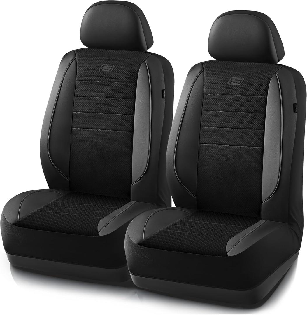 Skechers Air-Cooled Memory Foam Seat Covers,Mesh Thick Car Seat Covers,Piping Leather Car Seat Covers Front Seats,Airbag Compatible,Automotive Comfort Universal Fit Most Cars,Vans,Truck,SUV,Black