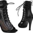 UTIKLIOU Womens Mesh Sandals Peep Toe High Top Sandals Lace Up Summer Boots Buckle Strap Dance Party Sexy Pump Shoes Open toe (Black Size 6.5)