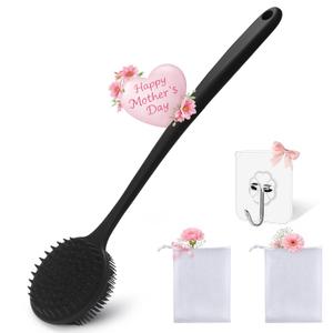 Silicone Body Scrubber for Shower Men Women  Dual-Sided Exfoliating & Massage Shower Brush with Long Handle, Creates Rich Lather, Includes 1 Hook & 2 Lather Balls (Black).