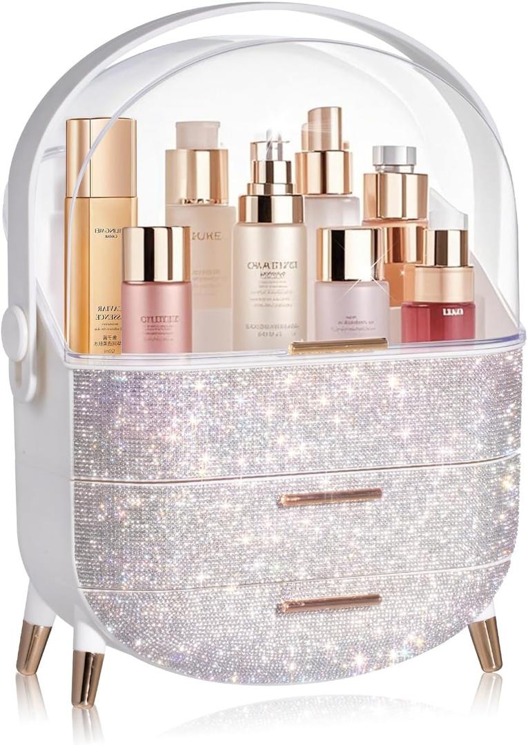 MASSY Egg Shape(Oval) Makeup Storage Box, Countertop Portable Vanity Cosmetics Organizer Preppy Style (Rhinestone White)