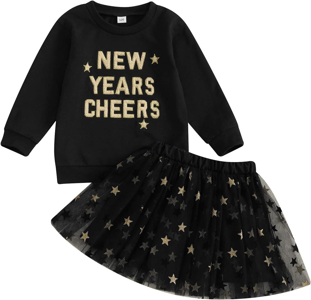 Toddler Baby Girl Christmas Outfit Deer Print Crewneck Sweatshirt Long Sleeve Shirt with Tulle Tutu Skirt Sets 2Pcs (3-4T, Black)