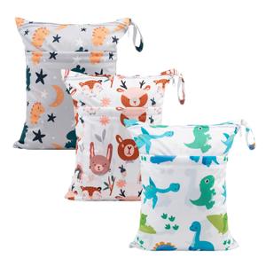 babygoal Wet Dry Bags for Baby Cloth Diapers, Washable Travel Bags, Beach, Pool, Gym Bag for Swimsuits & Wet Clothes with Two Zippered Pockets, Pack of 3, 3LN23 (Animal world)