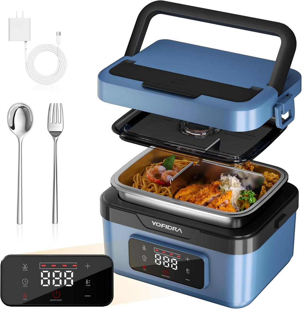 Yofidra Cordless Electric Heated Lunch Box: 6.3 Cups Self Heating Lunch Box with Battery, Timer & Temperature Control, Extra Large Portable Food Warmer for Adults, Men & Women in Office Car Outdoor (Blue)