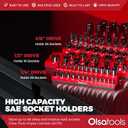 Olsa Tools Magnetic Socket Organizer - 3-Piece Drive SAE Socket Holder Set with Strong Magnets - Professional Tool Holder and Organizer - Stores up to 68 Sockets - Red - Part: 1150