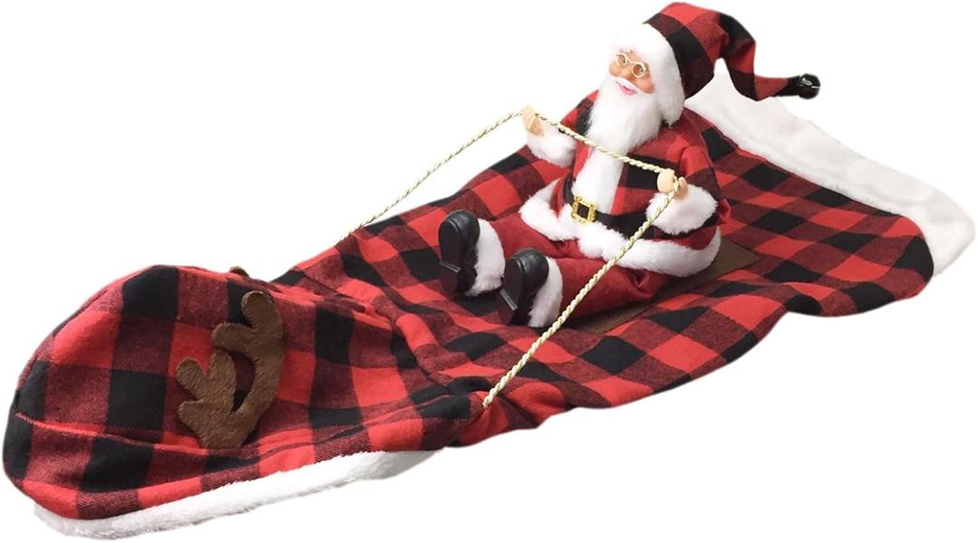 Christmas Pet Clothes Dog Costume Running Santa Claus Riding on Fasten Tape Thick Warm Plaid Color Matching Coat Cat Hoodie Holiday Outfit Xmas Winter Red Black XL
