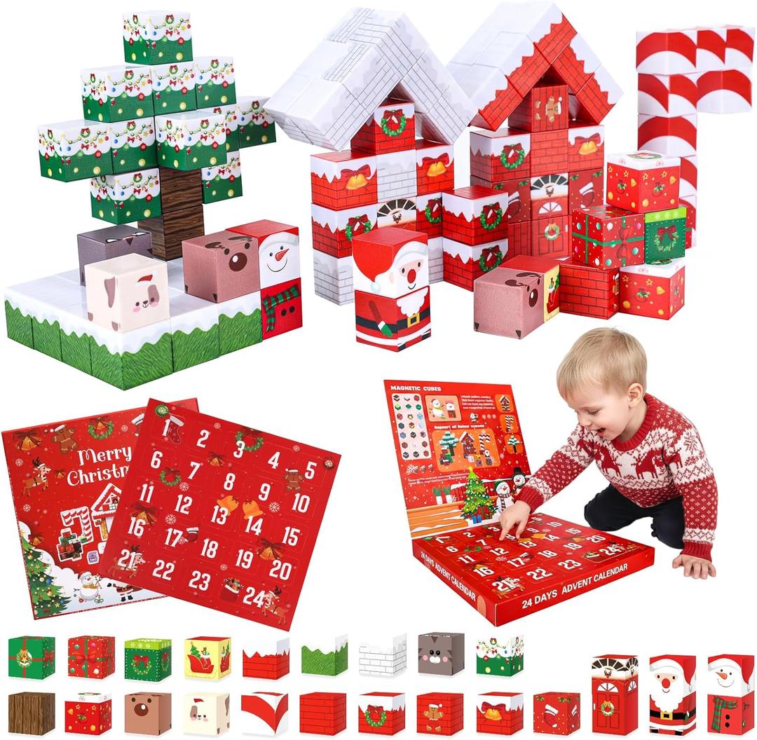 2025 Christmas Magnetic Blocks Advent Calendar - 100PCS Magnet Building Cubes Montessori STEM Sensory Toys 24 Days Countdown Calendar Set for Ages 3-12 Kids Boys Girls Xmas Surprise Gifts