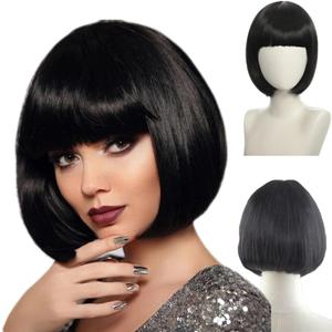10Inch Black Wig with Bang Short Straight Hair Cosplay Bob Wig For Girls Women Theme Party (Black)