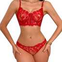 AOKIYURI Sexy 2 Piece Lingerie for Women Underwire Eyelash Lace Mesh Matching Bra and Panty Sets Push Up Boned Bralette, Size XL