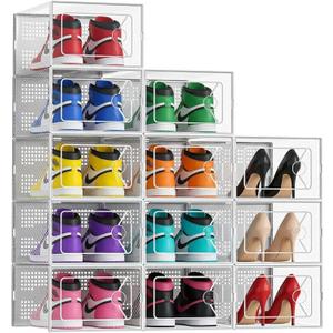 DUMOS Stackable Shoe Storage Boxes, 12-Pack Plastic Shoe Organizers with Lids, Large Shoe Rack & Holder for Closet, Under Bed, Entryway, Sneaker Display and Storage Containers, White