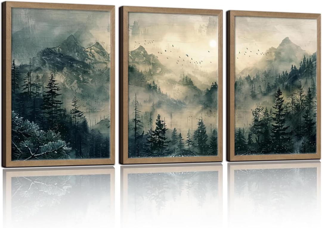 3Pcs Framed Wall Art Mountain And Forest Landscape Canvas Painting Natural Scenery Oil Painting Wall Decoration Gallery Framed Artwork Suitable For Living Room Bedroom Study Farmhouse 16x24 Ready To Hang, 16x24in
