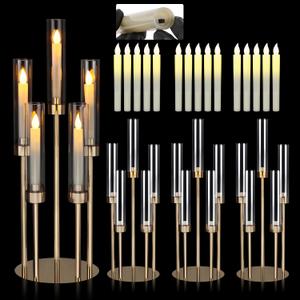 Gold Candelabra Centerpiece 4 Set 26.8'' Tall Candle Holder Centerpiece for Tables, 5 Arms Candlestick Holders with Acrylic Lampshade, Gold Candelabra Floor Stands for Wedding Party Home