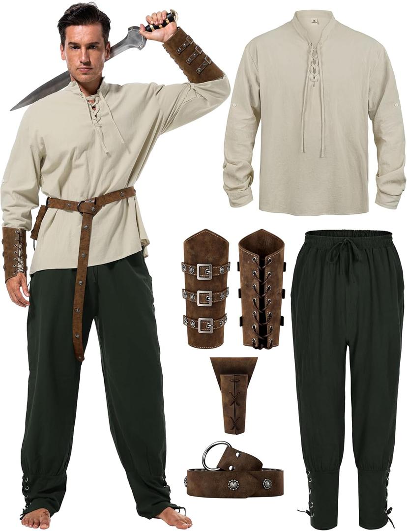 Renaissance Costume Men, Medieval Costume Men Renaissance Outfit Viking Shirt Pants Halloween Belt Accessories (Medium, Beige, Green)