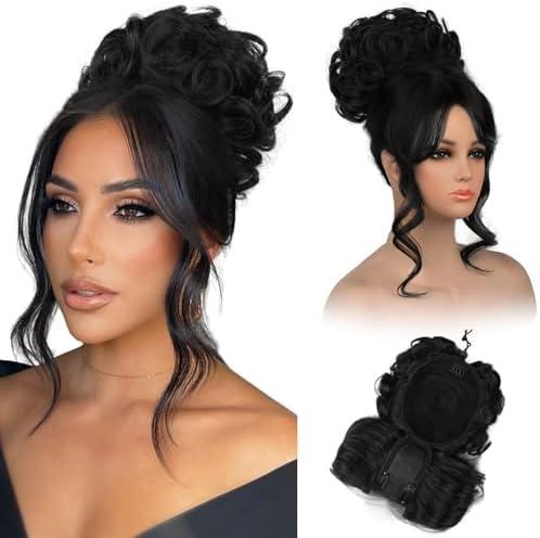 REECHO Messy Bun Hair Piece with Bangs - 2-in-1 Hair Bun Hairpieces Curly Updo Wig & Hair Topper with Long Side Bangs Natural-Looking Drawstring Ponytail Extension for Women - Black