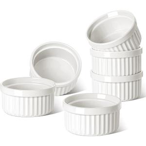 LE TAUCI Ramekins 6 OZ, Ceramic Souffle Dishes, Oven Safe Custard Cups for Baking, Creme Brulee, Pudding, Dessert, Microwave & Dishwasher Safe, Set of 6, White