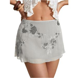 SweatyRocks Women's Sequin Mini Skirt Y2K Sparkly Beaded Floral Embroidery Skirts (White), Small