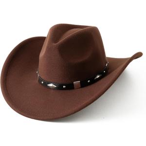 Lanzom Women Men Classic Felt Wide Brim Western Cowboy Cowgirl Hat with Belt Buckle (Brown, L)