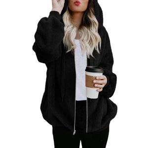 ReachMe Womens Oversized Sherpa Jacket Fuzzy Fleece Zip Up Hoodies with Pockets Warm Fall Outfits Winter Coats, Black, Large