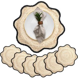 Jingmore 6 Pcs Wedding Placemats 15 Inch Handwoven Scalloped Placemats Boho Rattan Chargers for Dinner Plates Farmhouse Mats for Dining Table Decoratin Wedding Party Supplies (Black)