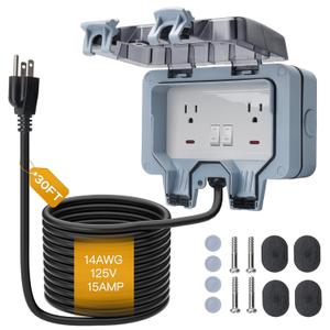 STARELO Outdoor Power Outlet with 30FT Extension Cord, IP66 Waterproof Outdoor Wall Power Socket with Cover, 125V 15Amp 2-Gang Switched Wall Plug Socket Box with Switch On-Off and LED Indicator