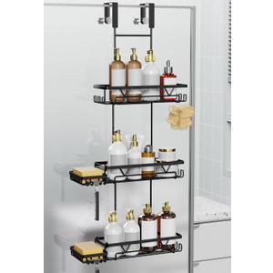 KEGII Shower Organizer Hanging Over the Door, 3 Tier Large Capacity Shower Caddy with 2 Soap Holders & Razor Holders, 18 Hooks & 4-in-1 Dual Hooks, Adjustable Rustproof Bathroom Rack, Black
