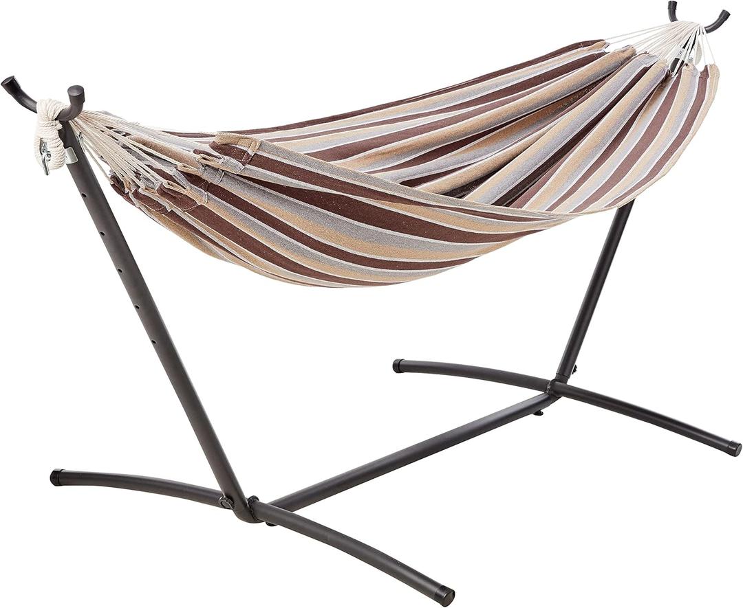 Amazon Basics Double Hammock with 9-Foot Space Saving Steel Stand and Carrying Case, 2 Person, 450 lb Capacity, Cream Wave, 110" x 47" x 43"